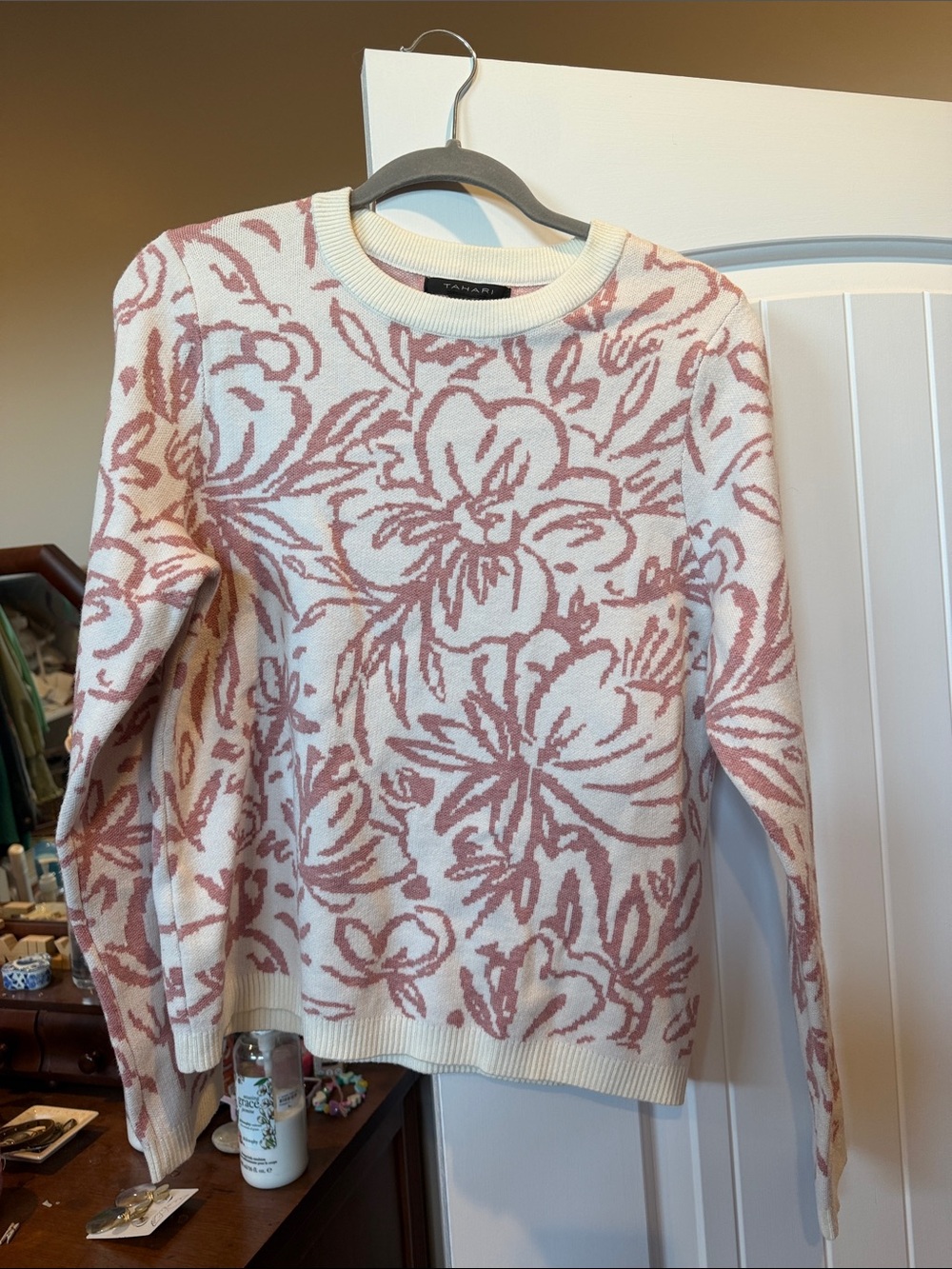 Tahari Cream and Dusty Rose Floral Crewneck Sweater